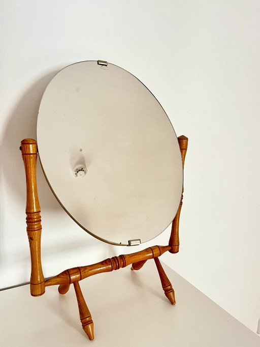 Vintage 1970s Tilting Table Mirror with Wooden Base and Frame