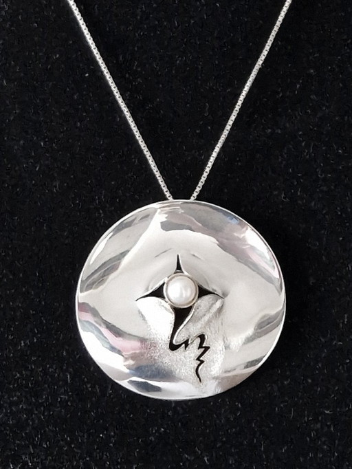 Michou Design – Großer silberner Anhänger/Brosche mit Perle