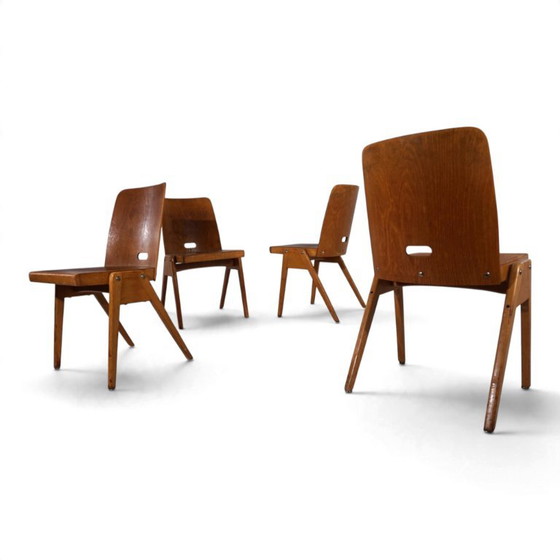 Set aus 4 Bauhaus-inspirierten Esszimmerstühlen, stapelbar, 1950 – Holz (photo 10 of 19)