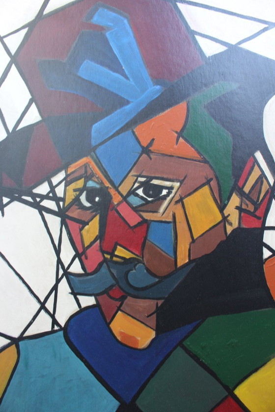 Image 1 of "Man in Hat" Contemporary Cubist Style Figurative Acrylic Painting Framed