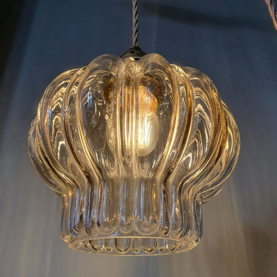 Image 1 of Set of two vintage floral pendant lamps in lantern shape. Mid Century