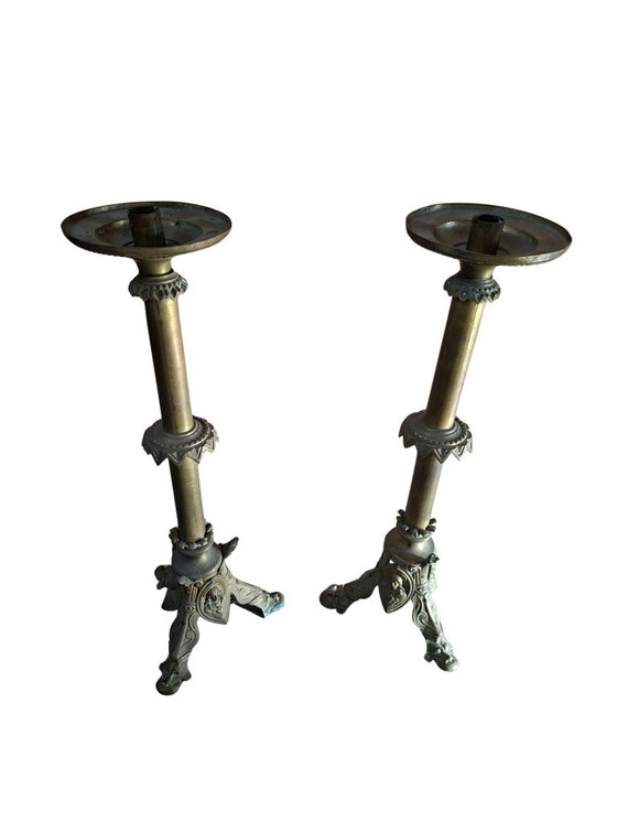 Image 1 of Pair of Antique Neo-Gothic Style BRONZE Altar Candelabra H 60 cm