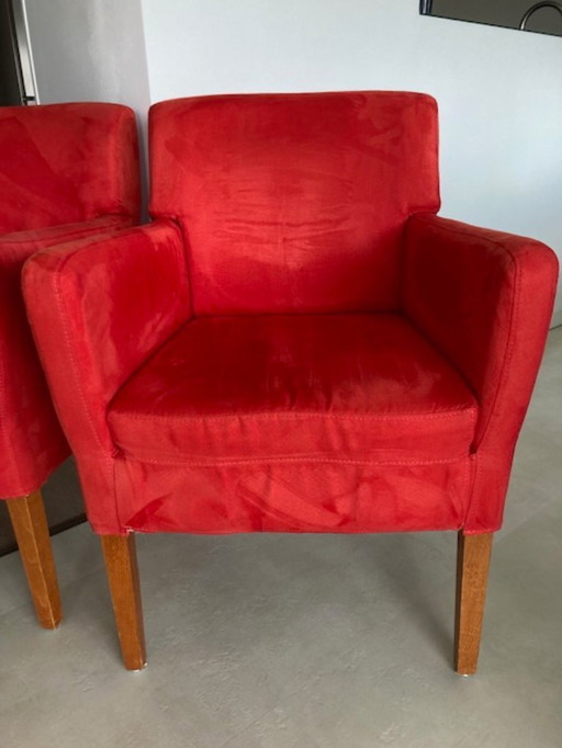 2 sedie da pranzo in legno di ciliegio con tessuto rosso