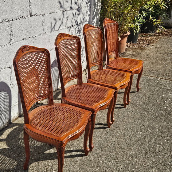 Image 1 of 4 French Vintage Cane Dining Chairs - Cottage Chairs - Style Louis XV - 80s