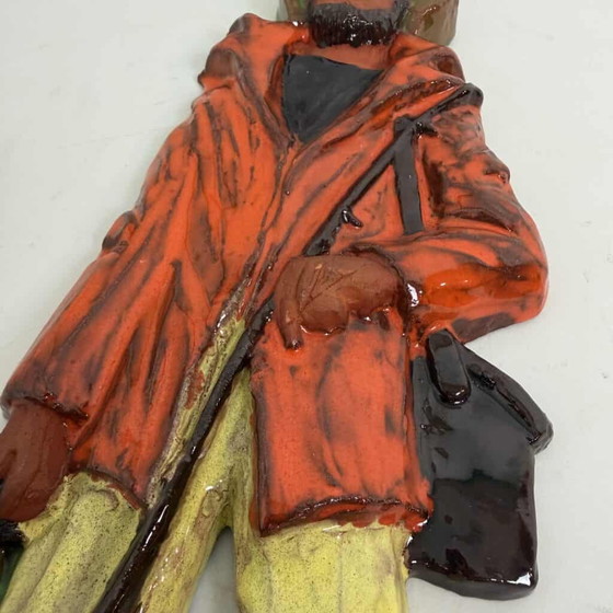 Terracotta wall decoration of a fisherman by Kany, Yellow, Mid Century Modern (photo 8 of 14)