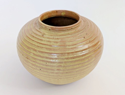 Vintage Studio Pottery Round Vase, Ribbed Golden Ochre Glaze, Artist Signed