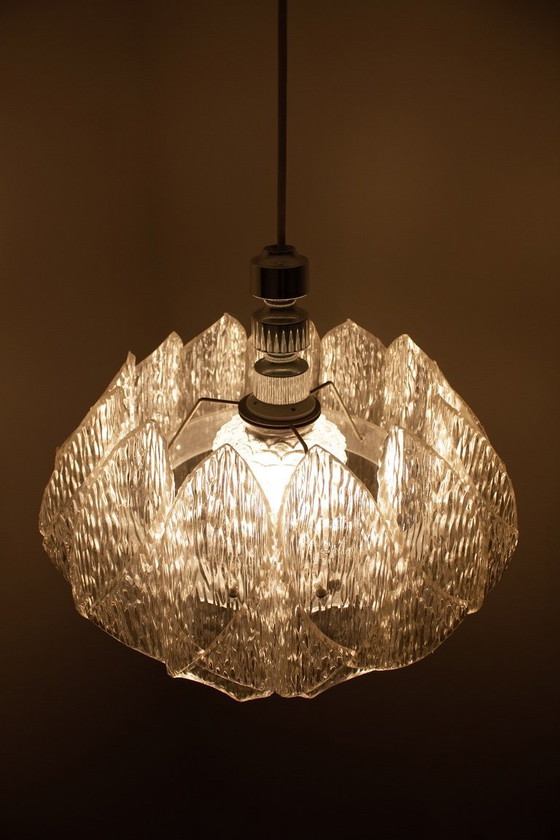 Image 1 of 70s ME Marbach Leuchten ‘ice glass’ acrylic pendant lamp with chrome suspension