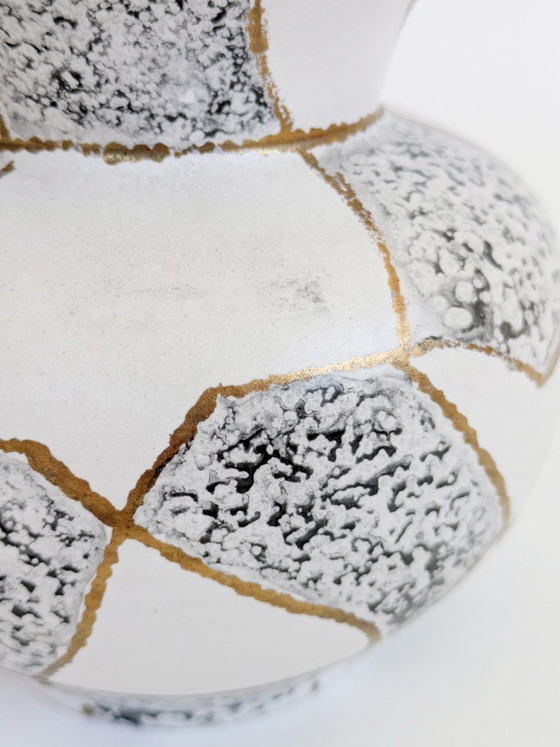 Image 1 of Midcentury Ü-Keramik Vase 1960s West German Pottery, Black and White Geometric Decor Gold Rim