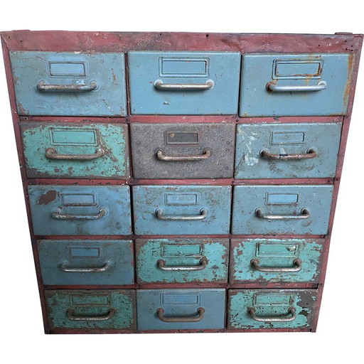 Mueble industrial vintage de metal con 15 cajones para Flambo, 1950