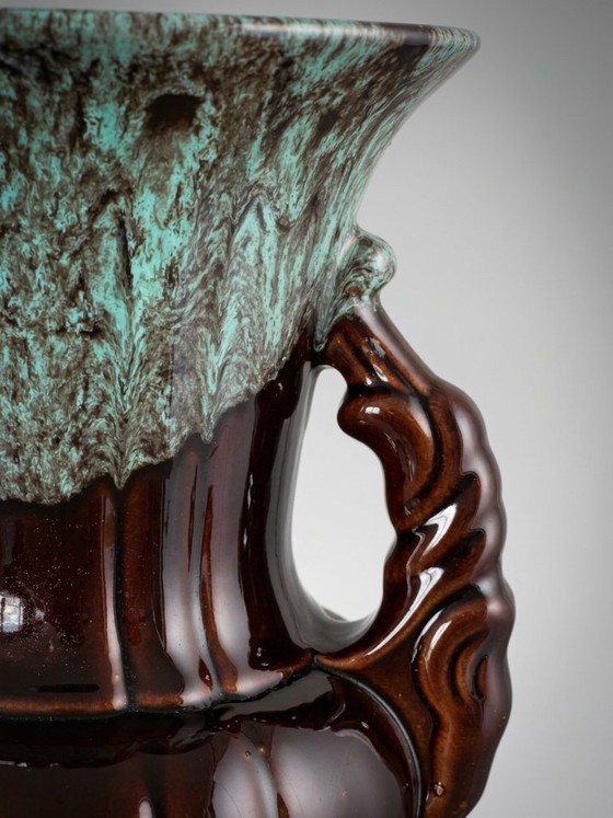 Large brown and turquoise enameled ceramic vase – ADP, Varages France - 27 cm (photo 7 of 10)