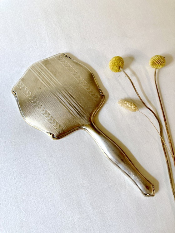 Image 1 of Art-Deco-Handspiegel aus versilbertem Metall und abgeschrägtem Glas – Um 1930