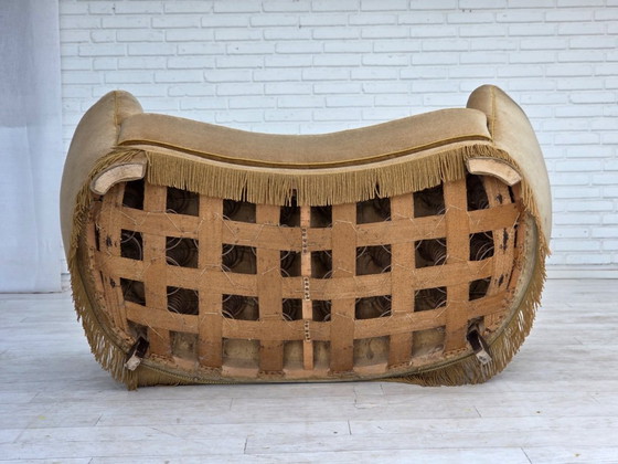 Image 1 of 1960s, Danish "Banana" 2-seater sofa, green furniture velour, oak wood.