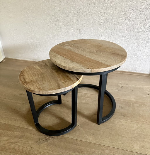 2 side tables mango wood and steel round
