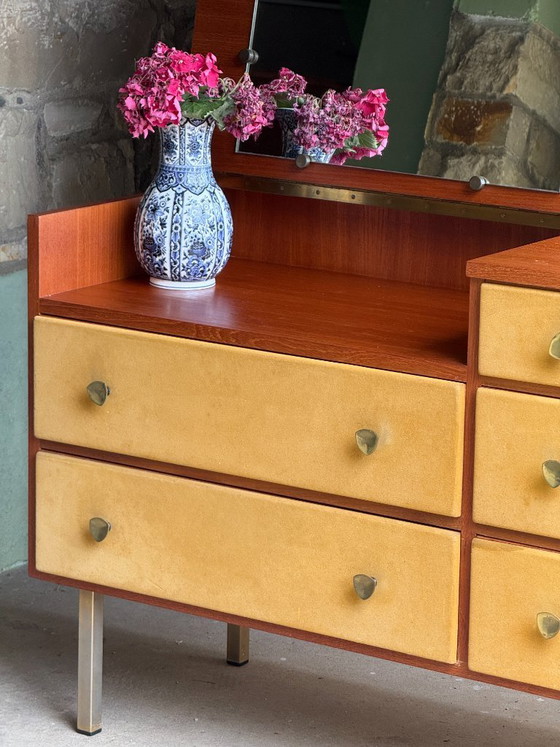 Image 1 of Enfilade commode coiffeuse Roger Landault années 50/60 suédine jaune