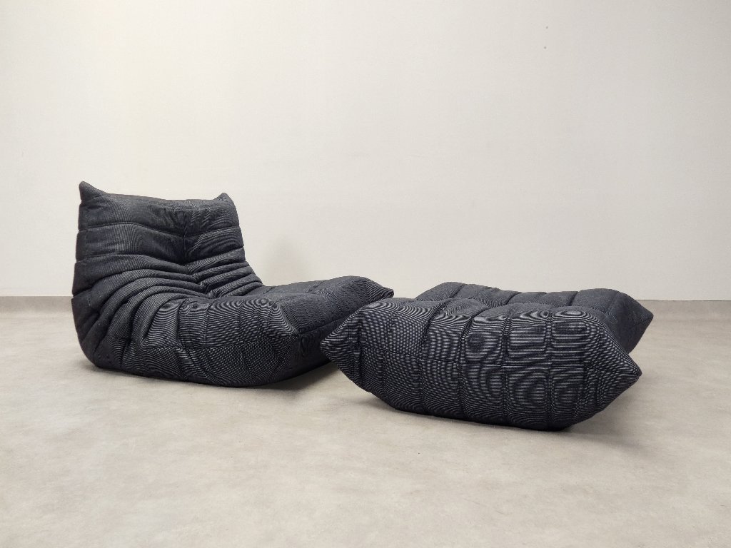 Ligne Roset Togo - 1 seater & pouf - blue pinstripe fabric