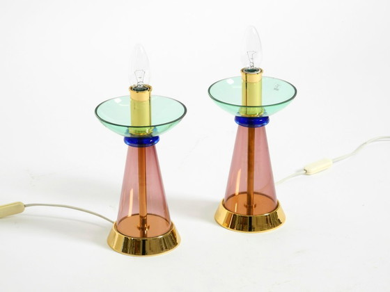 Image 1 of Deux lampes de table rares en verre de Murano italien des années 1980, au design Memphis postmoderne | Vetri Murano