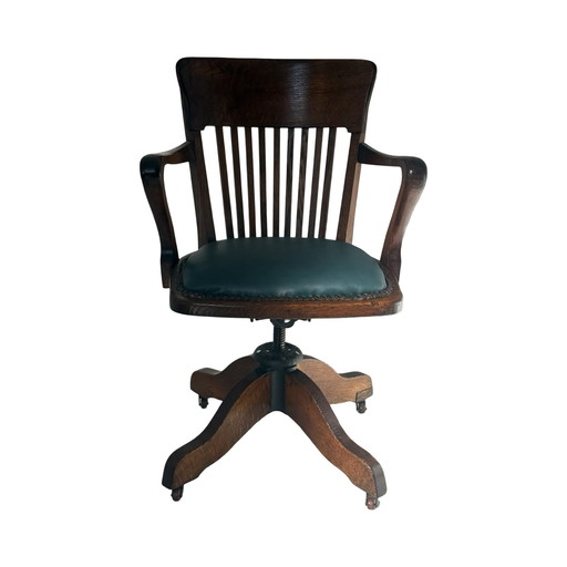 Silla de capitán de madera curvada - Montada sobre una base giratoria - Asiento verde, base de hierro fundido