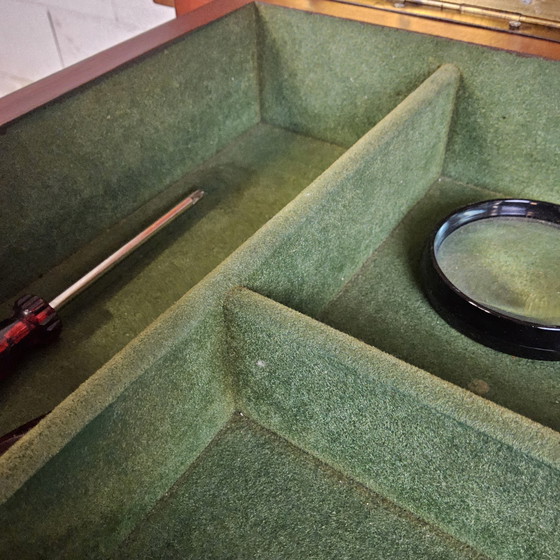 Image 1 of Vintage naaikastje van teakhout  / bijzettafel met klep 60s / naaitafeltje mid century 