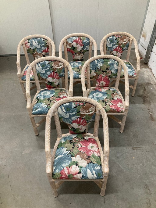 6 chique Rotan/bamboe eetkamerstoelen, 1980