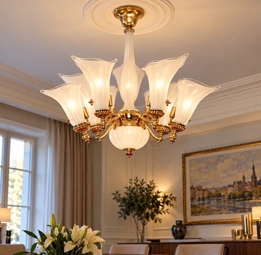 Lampadario in vetro di Murano vintage originale a 8 luci – anni '70 – Dorato – Italia