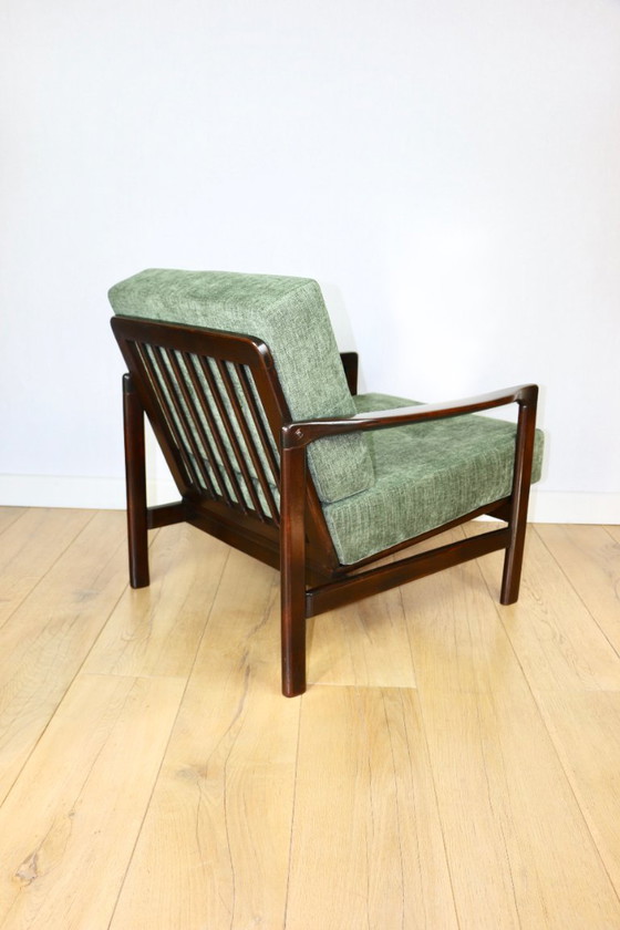 Image 1 of Vintage brown wooden armchair green-olive jeans design by Z. Bączyk - 2 pieces available