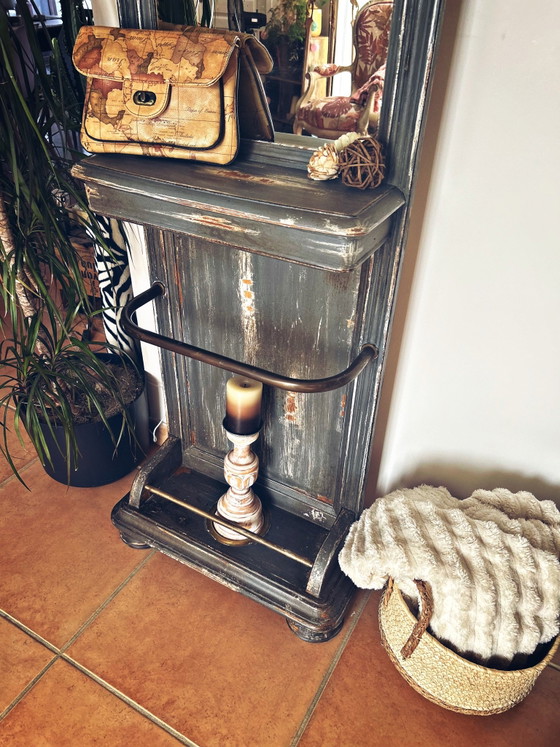 Old entrance coat rack patinated blue-grey with mirror, Vintage charm, Shelving unit, Wood (photo 11 of 15)