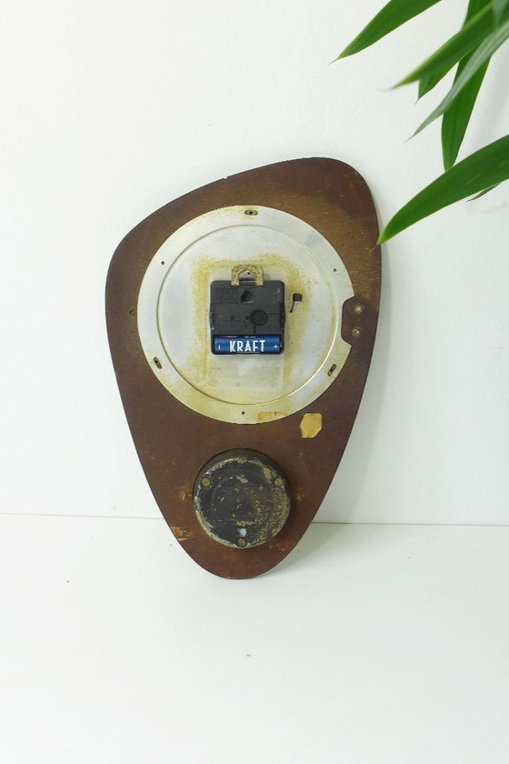 Vintage Wall Clock French Clock with Barometer 60s Retro Space Age Atomic, Morez-Besançon, Wood, Metal, Brown (photo 7 of 9)
