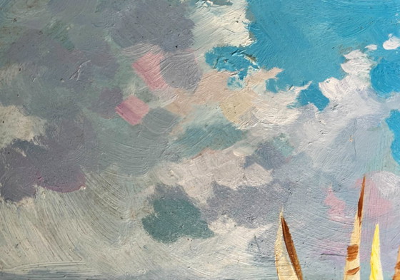 Image 1 of Original Oil Painting: Boat on Sea - Sailboats at Sea