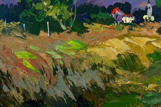 Image 1 of Original Oil Painting Summer Field Landscape Quiet Village In The Endless Expanses