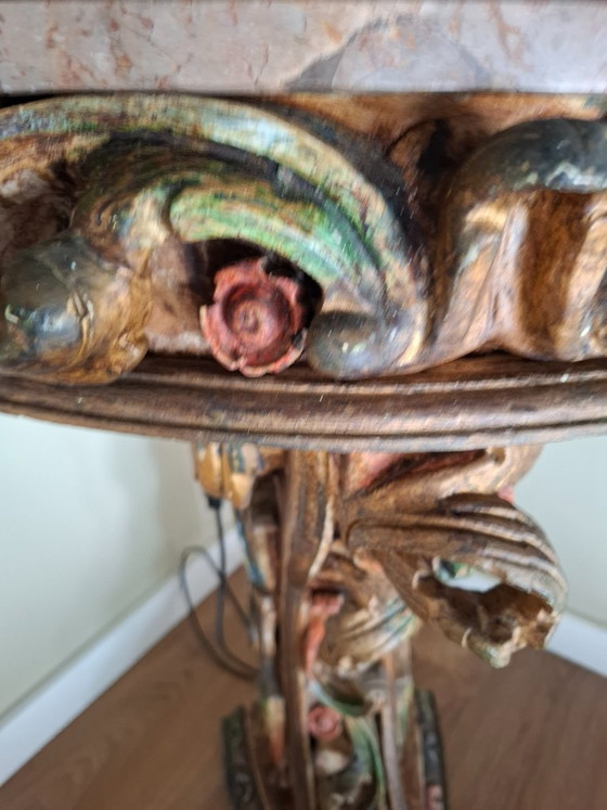 Image 1 of Antique Portuguese Gilded Console Table with Marble Top - 19th Century Carved Wood - Hand-Painted Polychrome Details - VGC