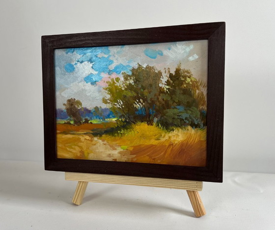Image 1 of Original Oil Painting Autumn Field Landscape The Road to the Golden Fields