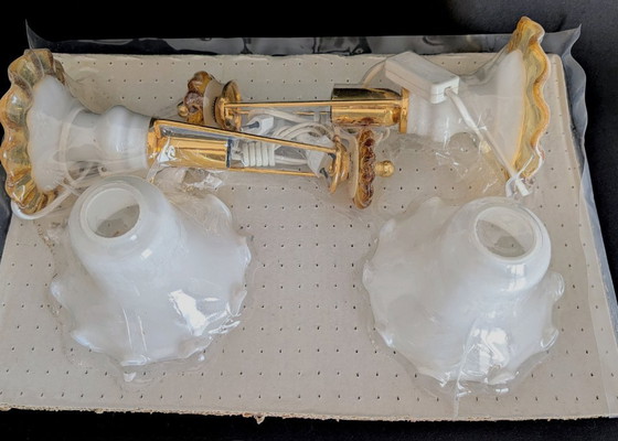 Image 1 of Set van twee tafellampen van Sylcom, gemaakt van Murano-glas – melkwit, amber en goud ✨