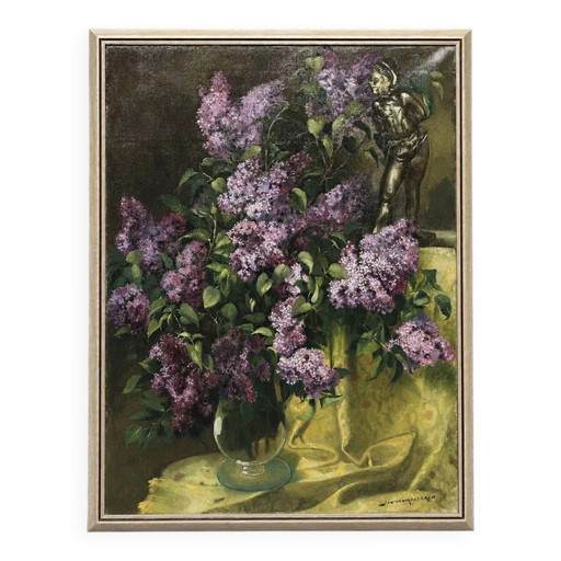 "Still Life with Lilacs" Jan van Malderen – schilderijen tekeningen, Canvas