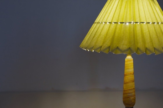 Image 1 of Vintage Pink Onyx Marble Table Lamp with Sage Green Pleated Shade, Italian Brass Bedside Lamp, Art Deco Hollywood Regency Accent