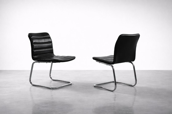 Image 1 of Vintage Mid-Century Minimalist Chrome & Black Leather Club Chairs from POL International, 1960s, Set of 2