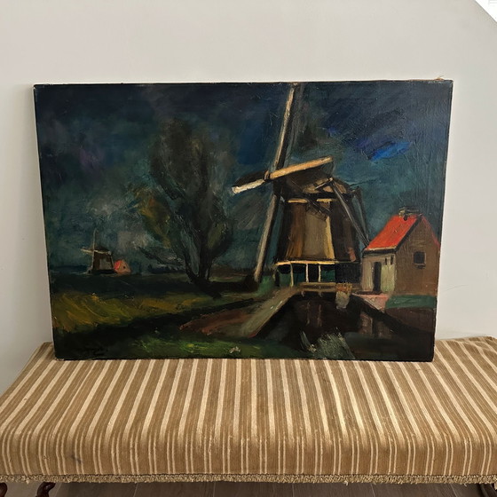Image 1 of Schilderij Piet van Wijngaerdt, Molens met landschap, Afmeting 72x103 cm.