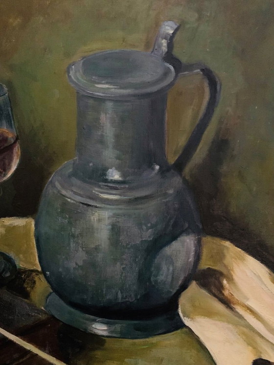 Image 1 of Peinture unique signée représentant une pipe, un verre à vin, un livre et une cruche en étain. Signé H. van Leeuwen