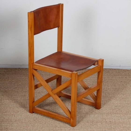 Image 1 of Set van 6 vintage stoelen in massief hout en leer, 1980