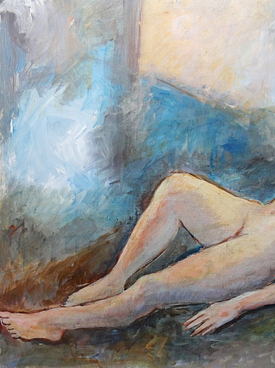 Image 1 of Large painting of a reclining nude woman, modern oil on panel, vintage style