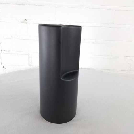 Image 1 of Vintage Flora ceramic vase 1970s abstract matte black earthenware