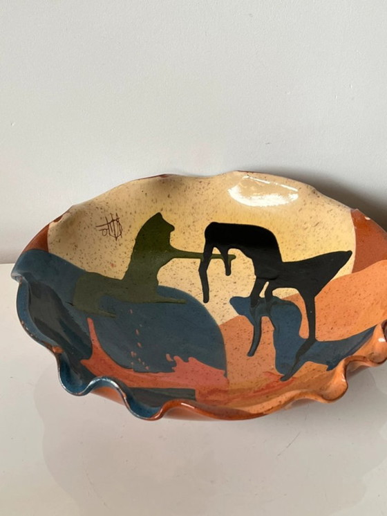Image 1 of Cuenco de cerámica esmaltada abstracta orgánica / cerca vacía / cesta de fruta firmada
