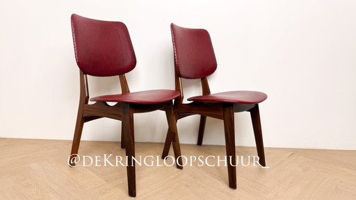 2x Vintage Rood Leren Eetkamerstoelen – Wood, Leather