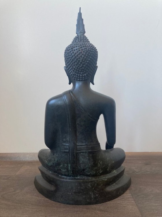 Image 1 of Thai bronze seated Buddha sculpture, earth-touching gesture. 