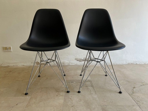Herman Miller Eames Molded Plastic Side Chairs – Black Shell with Chrome Eiffel Base (Set of 2)
