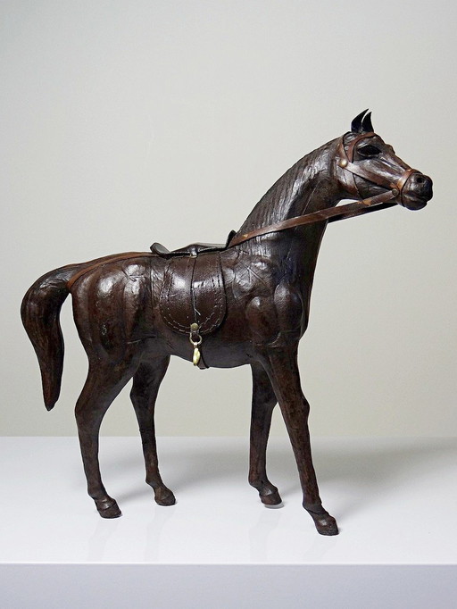 Paard Figuur in Mache Papier en Bruin Leer Vintage jaren 60-70