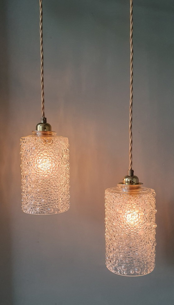 Set of 2 Vintage Glass Pendant lamps - Bubble Glass Texture (photo 23 of 26)