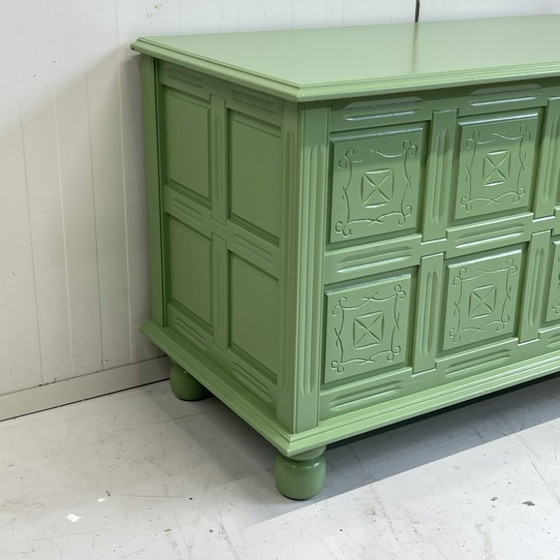 Baúl de Manta de Madera Antiguo Restaurado Baúl de Almacenamiento Verde Restaurado (photo 4 of 7)