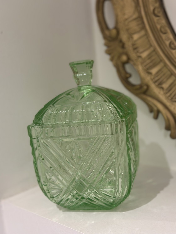 Image 1 of Elegante set da toeletta in vetro uranio Art Déco – 5 pezzi – ca. anni '20-'30