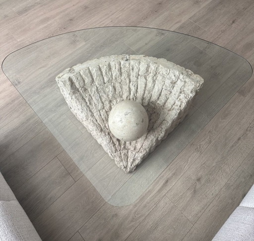 Vintage mactan stone & glass coffee table