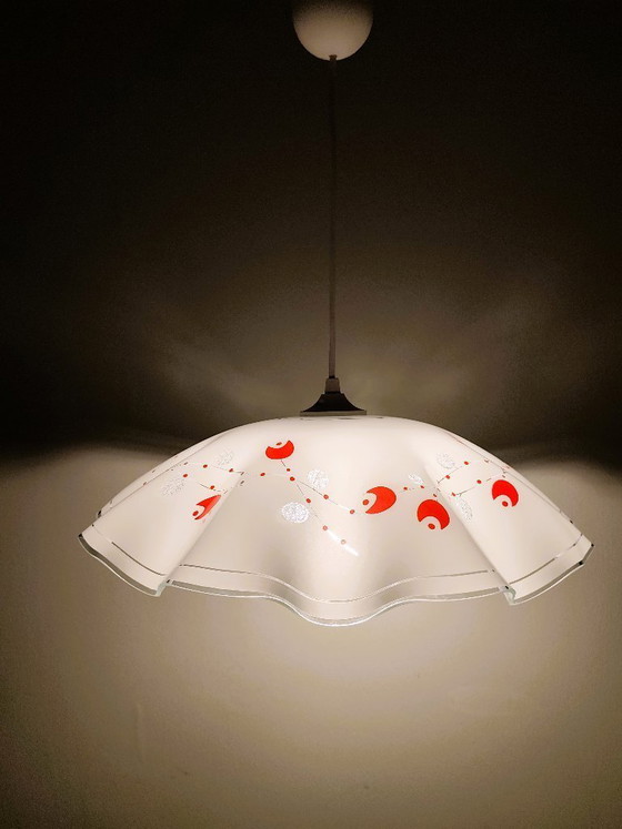 White Opaline Pendant Light with Red and Silver Floral Decoration – Pendant lamps, Glass (photo 3 of 10)